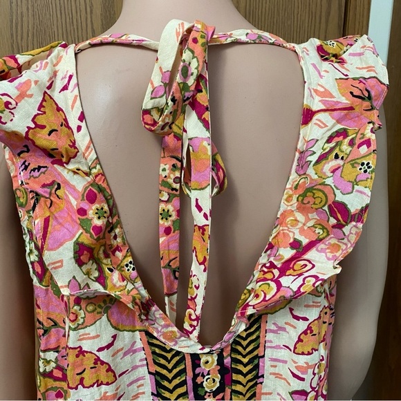 FREE PEOPLE SUMMER IN TULUM LINEN BLEND TUNIC PEBLUM PINK FLORAL TOP Size Large - Picture 9 of 11